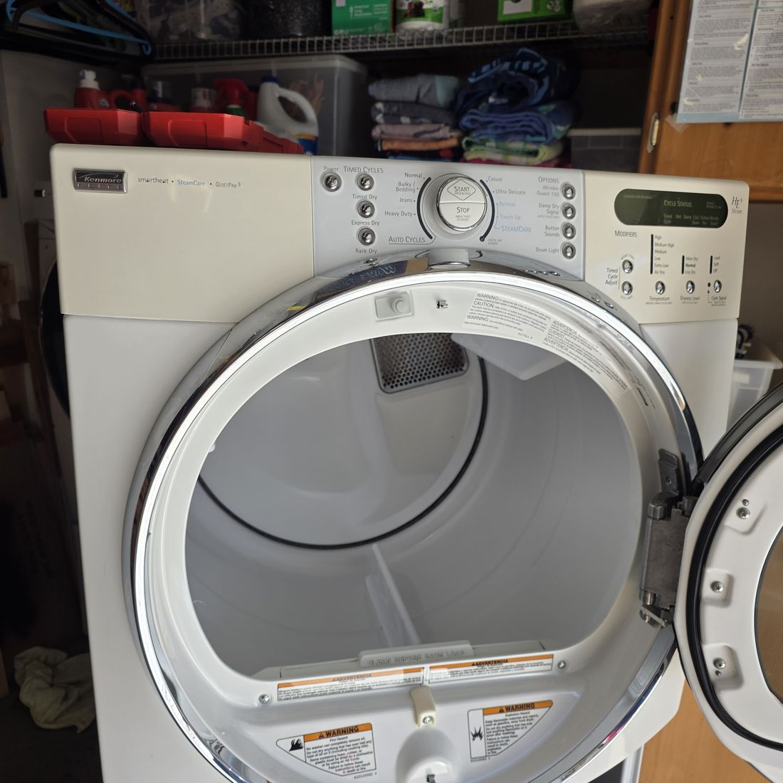 Front-load dryer with the door open